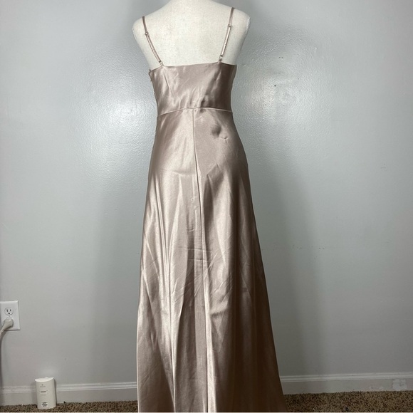 Birdy Grey Lisa Long Satin Dress Taupe Size 4 leg slit - Picture 9 of 12